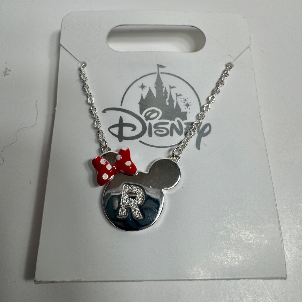 NWT. Disney Parks Minnie Mouse initial 'R' necklace silver-tone pendant jewelry